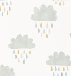 scion - wallpaper clouds and raindrops "april showers" (slate/pickle/paper)